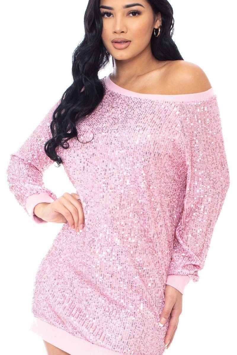 Sequin Wide Neck Boxy Mini Dress – Blush
