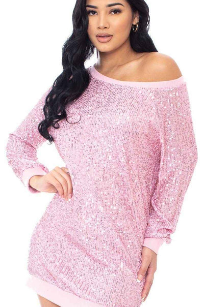Sequin Wide Neck Boxy Mini Dress – Blush