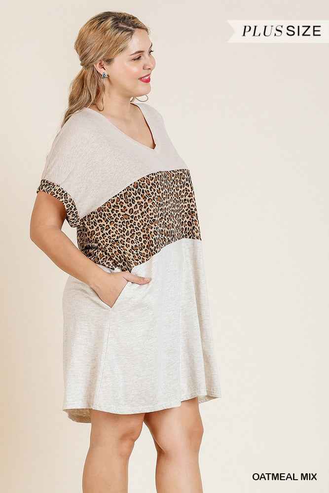 Linen Blend Animal Print Colorblock V-Neck Dress – Oatmeal Mix