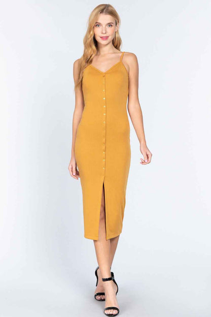 Fron Button Slit Rib Cami Midi Dress