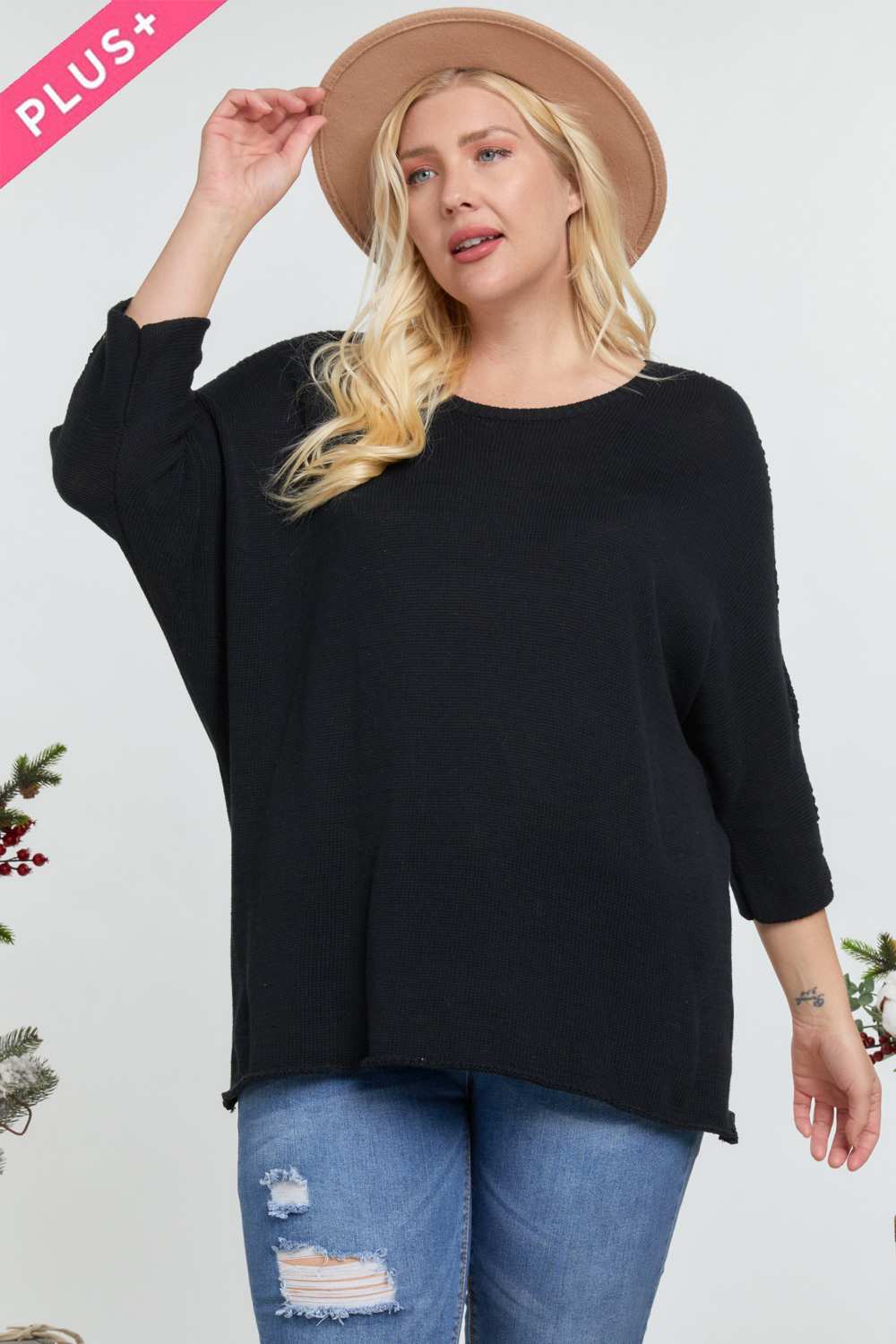 Solid Round Neck 3/4 Sleeve Sweater Top - It's a Girly Place