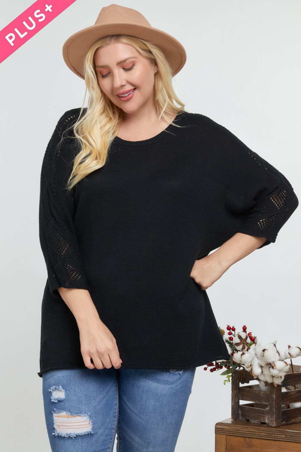 Solid Round Neck 3/4 Sleeve Sweater Top - It's a Girly Place