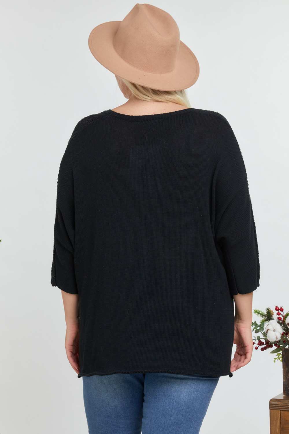 Solid Round Neck 3/4 Sleeve Sweater Top - It's a Girly Place