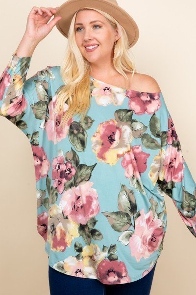 Plus Size Floral Printed Venezia One Shoulder Fashion Top - It's a Girly Place