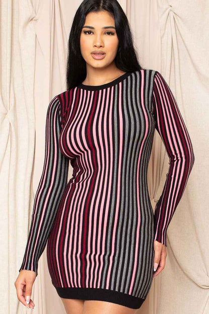 Multi-Color Striped Ribbed Dress – Pink Green