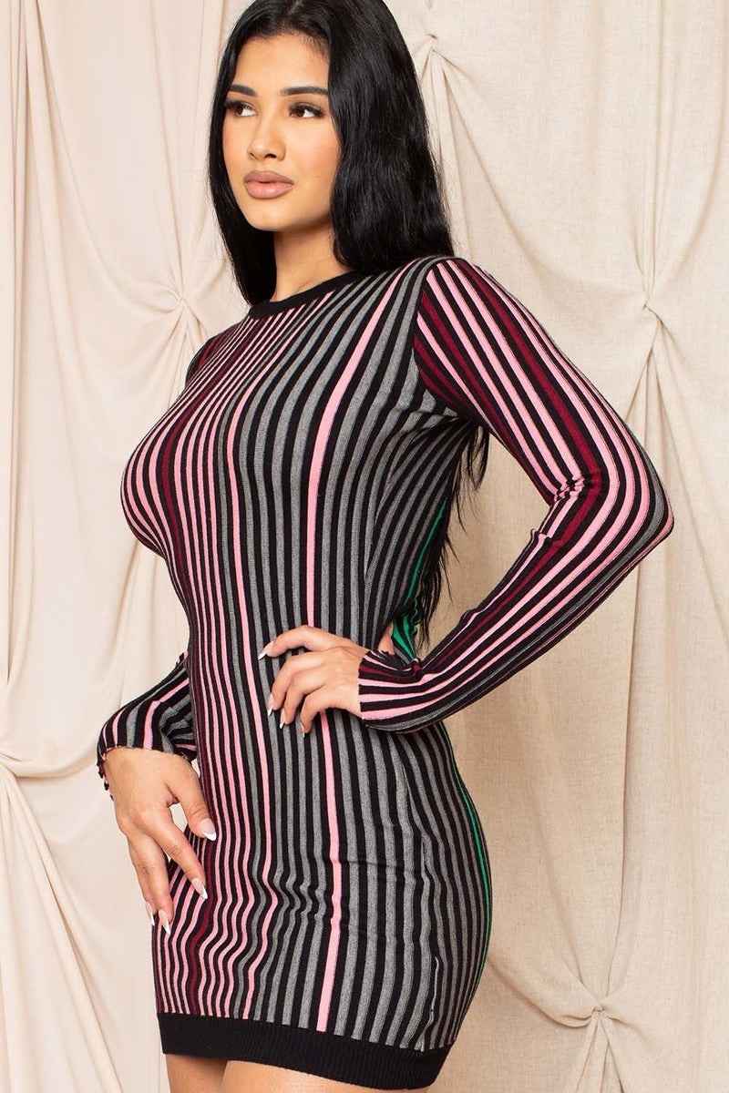 Multi-Color Striped Ribbed Dress – Pink Green