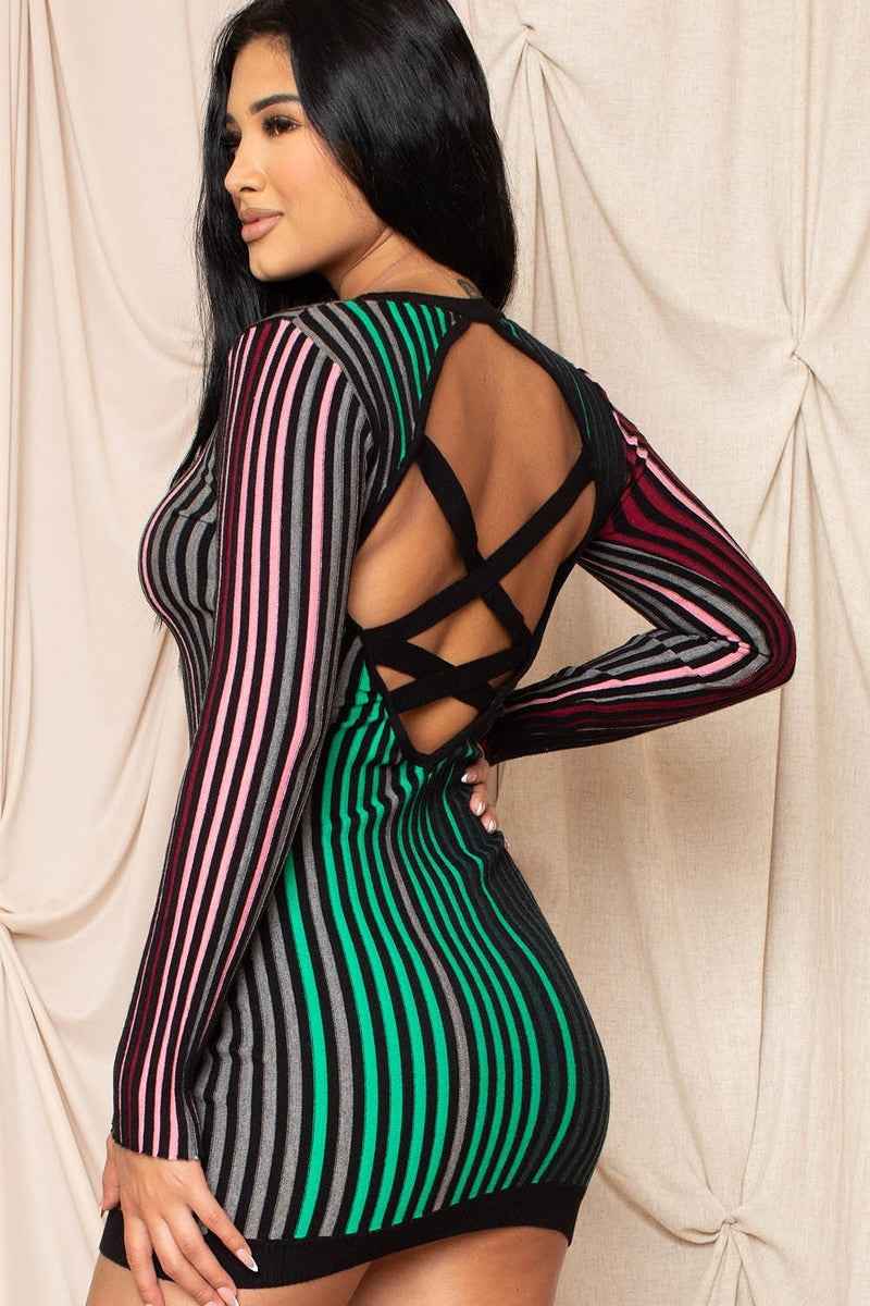 Multi-Color Striped Ribbed Dress – Pink Green