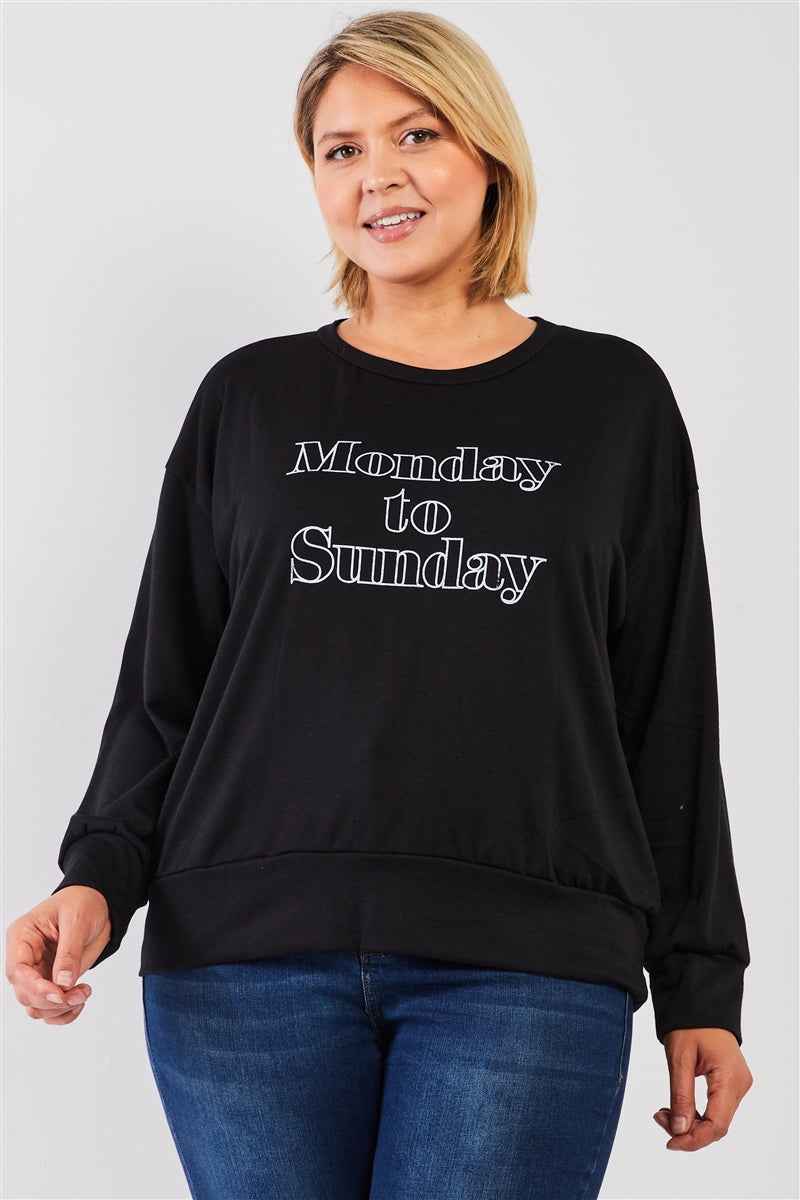 Black “Monday Sunday” Print Long Sleeve Relaxed Sweatshirt Top