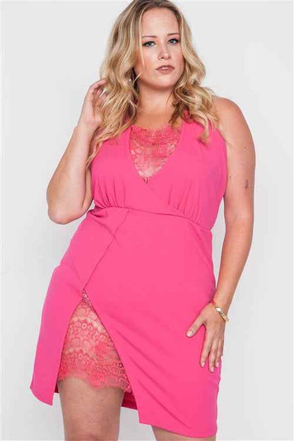 Plus Size Lace Detail Bodycon Mini Dress – Fuchsia