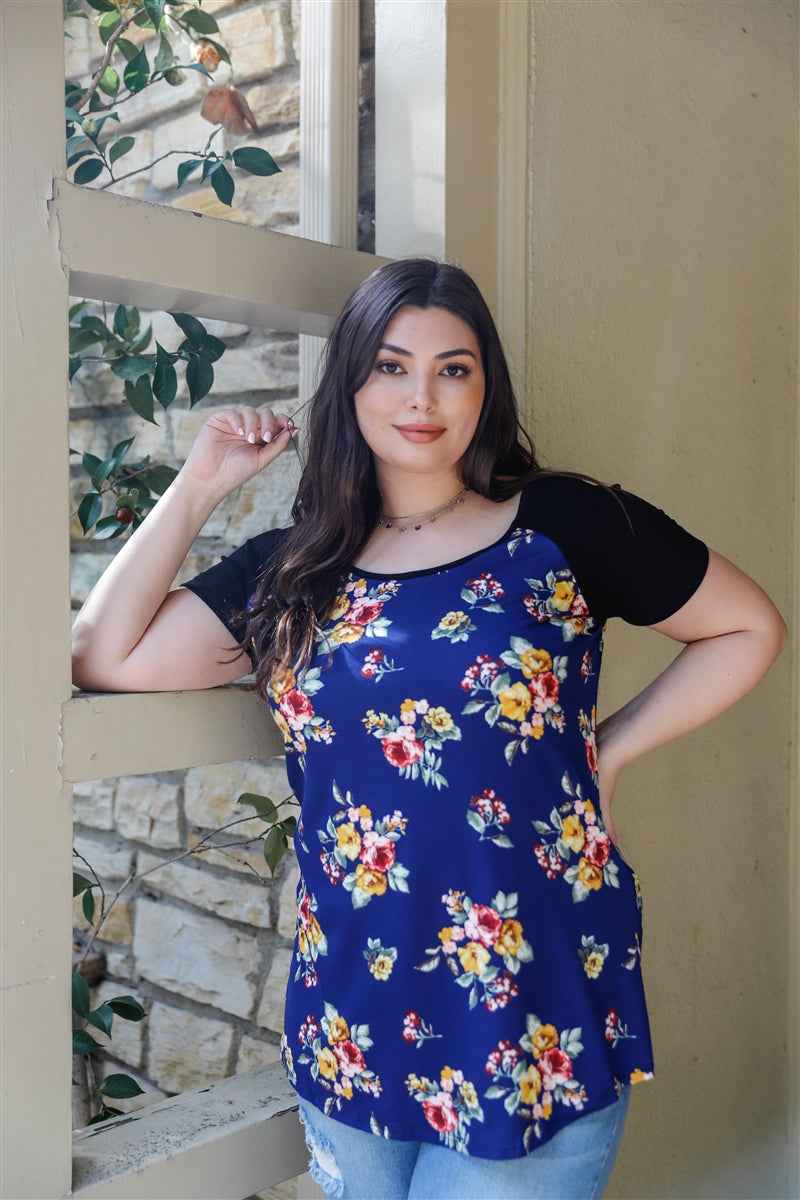 Plus Floral Print &amp; Ribbed Black Colorblock Top – Navy Floral