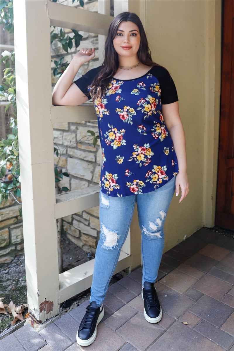 Plus Floral Print &amp; Ribbed Black Colorblock Top – Navy Floral
