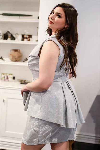 Plus Glitter Collared Peplum Mini Dress – Silver