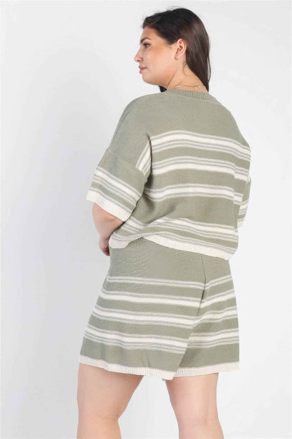 Plus Olive Striped Knit Short Sleeve Crop Top High Waist Shorts Set