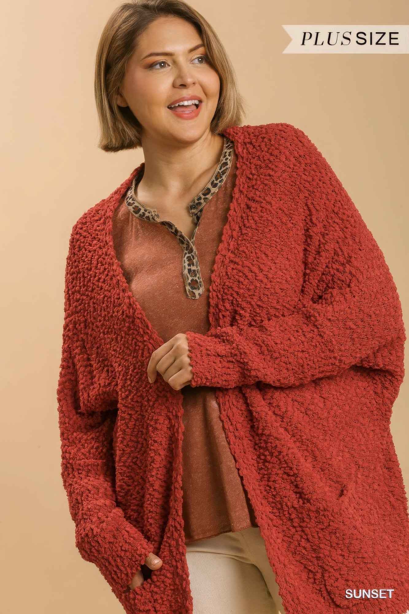 Open Front Oversized Cardigan Sweater with Pockets – Sunset Edition