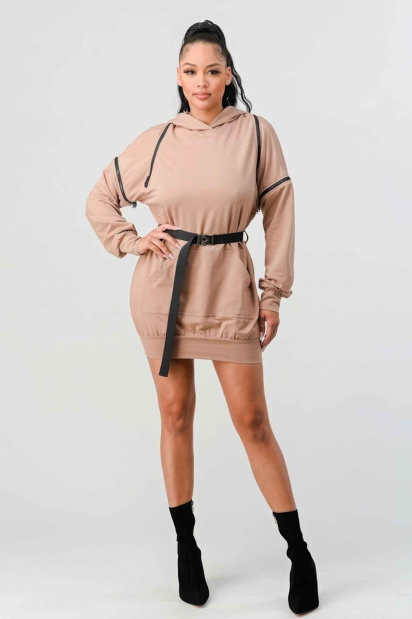 Double Zipper Long Sleeve Hooded Mini Dress