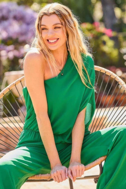 Chic One-Shoulder 3/4 Sleeve Solid Jumpsuit