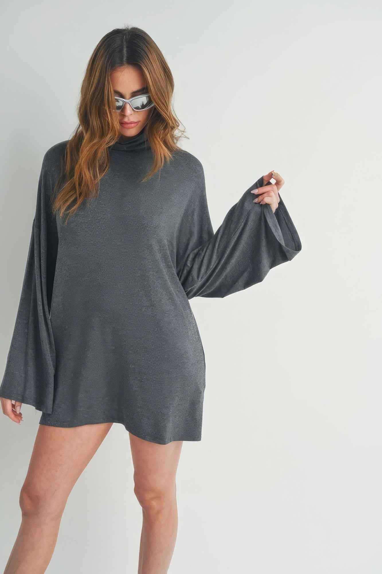 Bell Sleeve Turtle Neck Dress - Charcoal