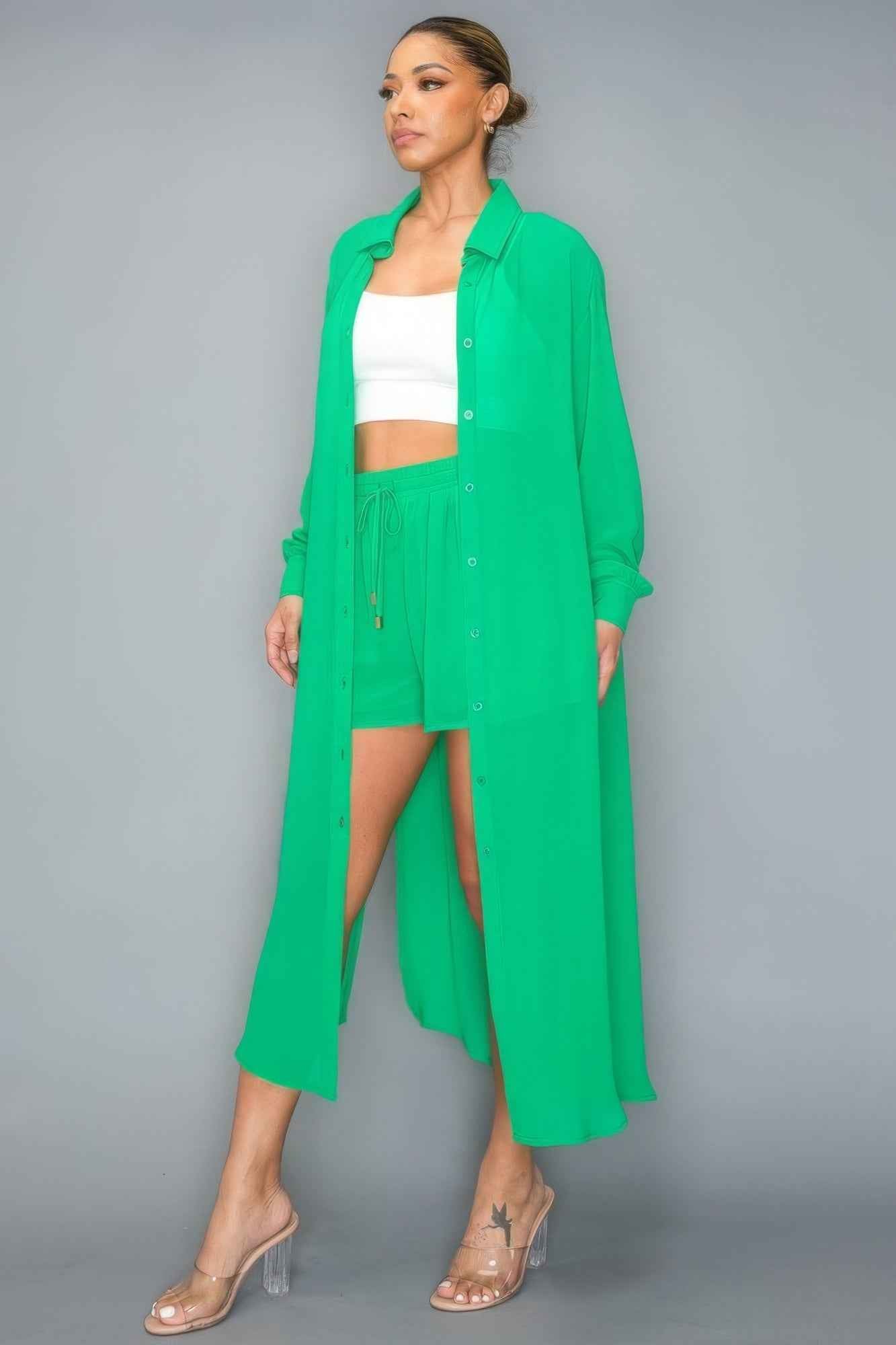 Chiffon Button Down Long Sleeve Side Slit Long Top With Short Set