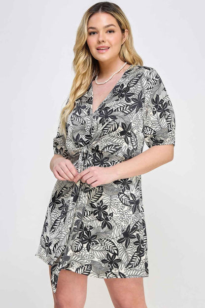 Plus Botanical Print Front Tie Dress