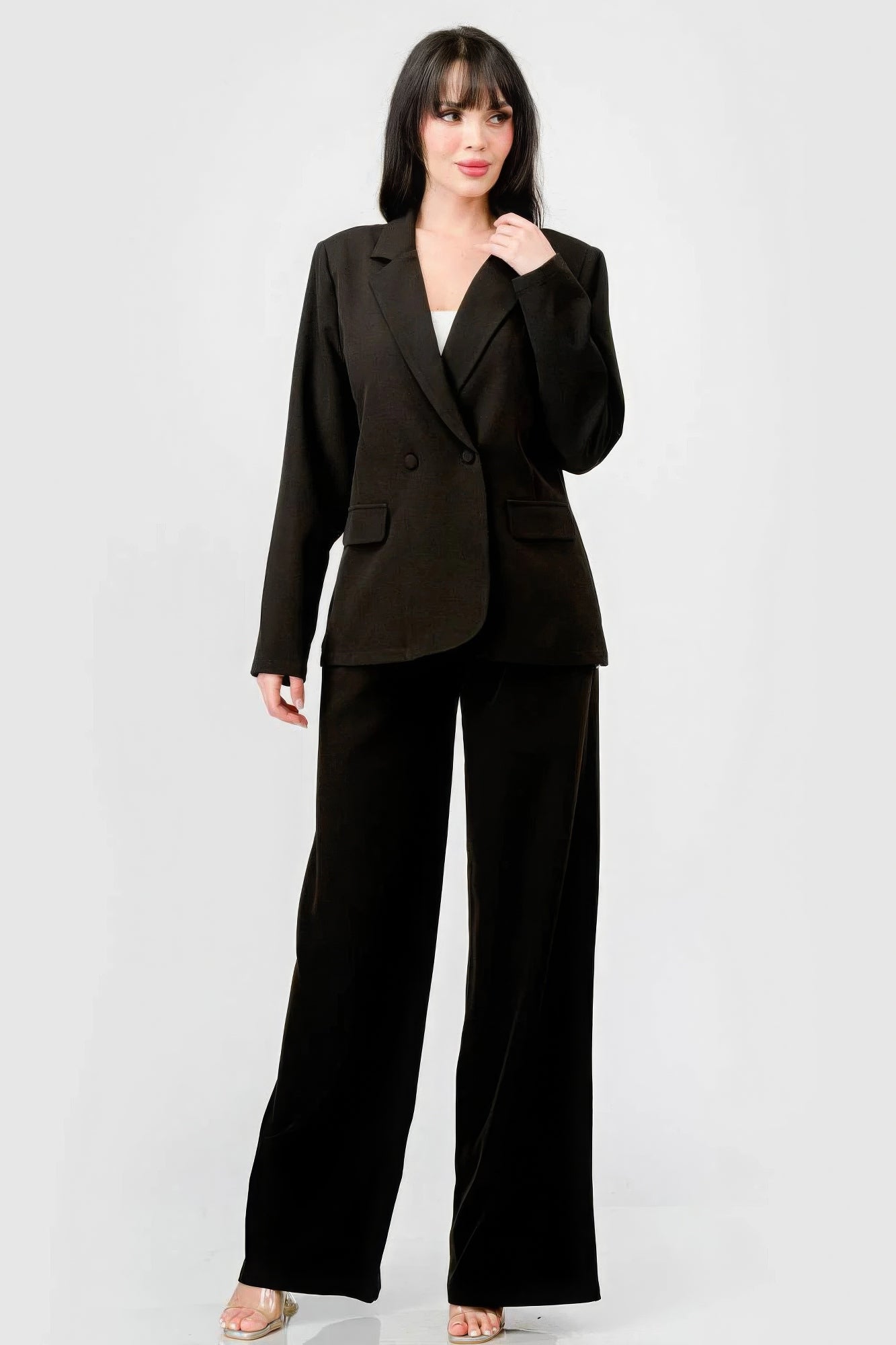 Luxe Stretch Woven Loose Fit Blazer And Wide Legs Pants Semi Formal Set - It's a Girly Place