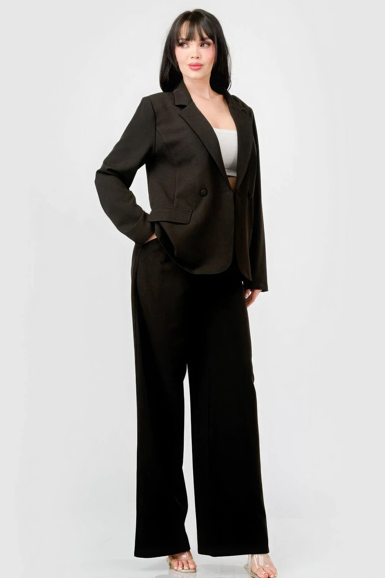 Luxe Stretch Woven Loose Fit Blazer And Wide Legs Pants Semi Formal Set - It's a Girly Place