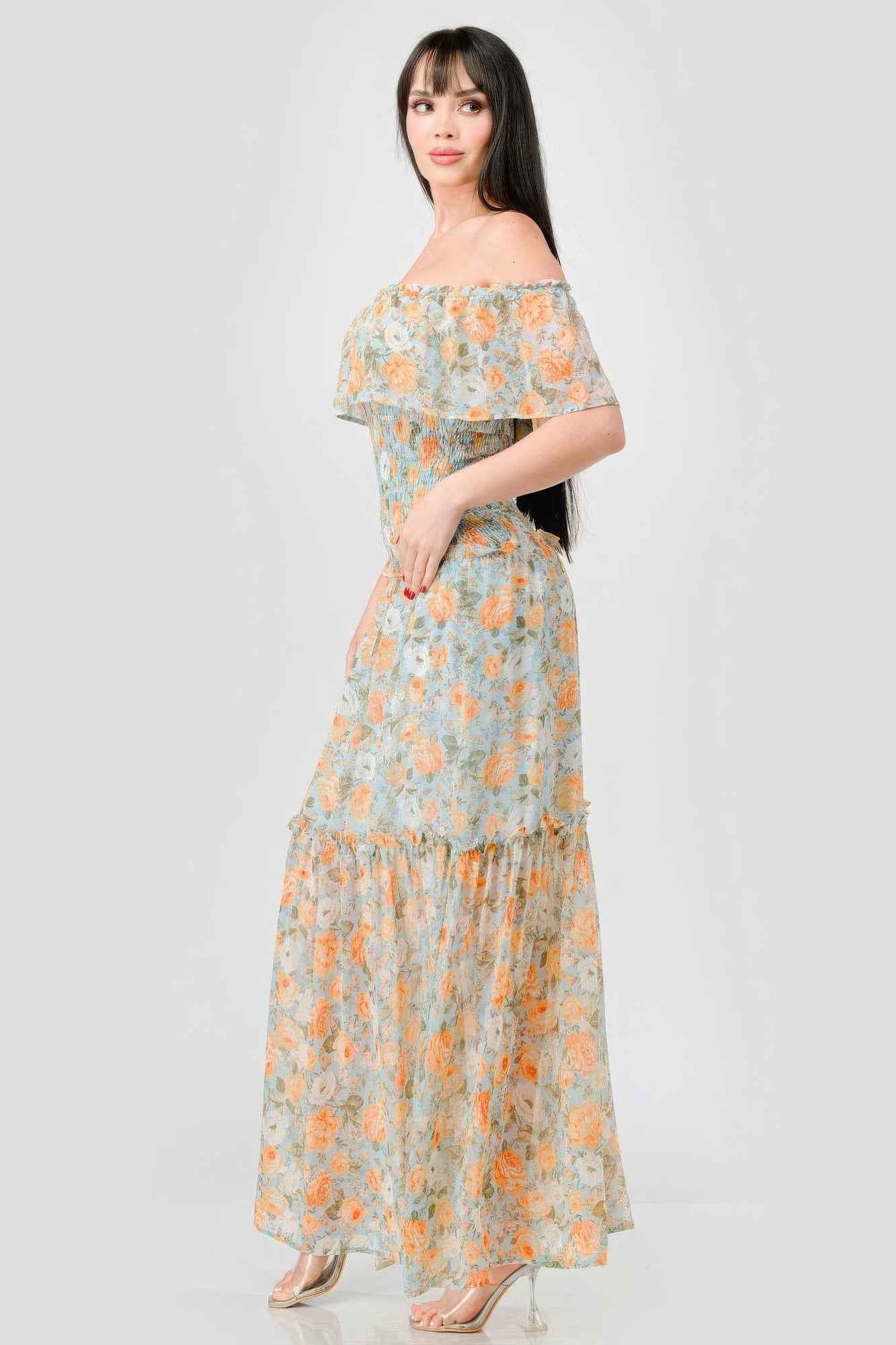 Floral Chiffon Off Shoulder Smocked Back Ruffled Tiered Maxi Dress