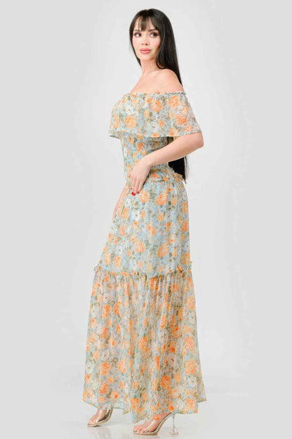 Floral Chiffon Off Shoulder Smocked Back Ruffled Tiered Maxi Dress
