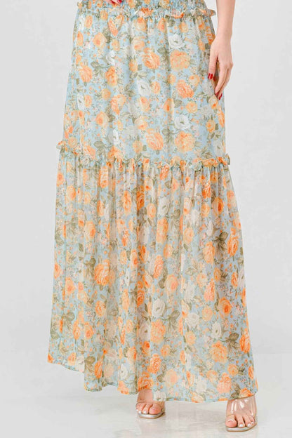 Floral Chiffon Off Shoulder Smocked Back Ruffled Tiered Maxi Dress