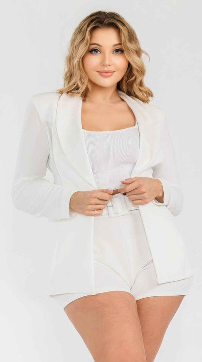 Plus Solid Blazer 2-Piece Belted Short Set – Off White