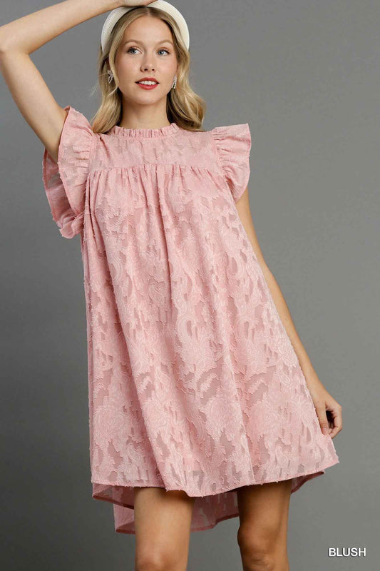 Blush Jacquard Lace Ruffle Dress
