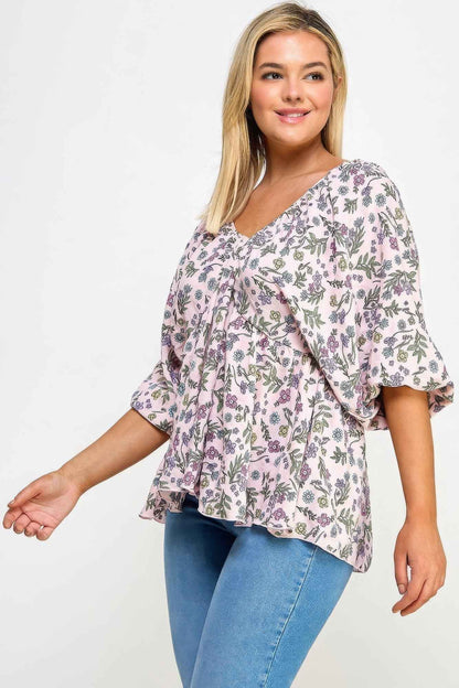 Floral V-Neck Babydoll Balloon Sleeve Top – Fairy Pink