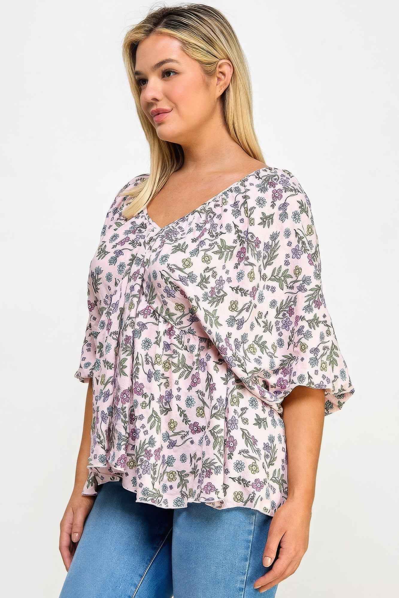 Floral V-Neck Babydoll Balloon Sleeve Top – Fairy Pink