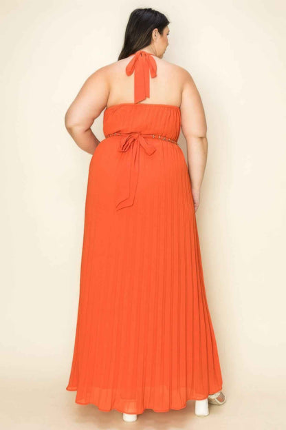 Chiffon Pleated Gold Trim Neck & Belt Cut Out Chest Maxi Dress