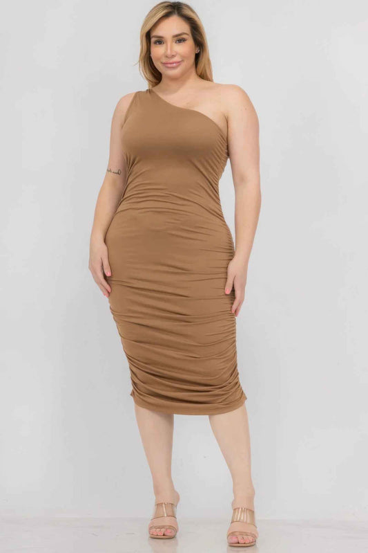 Plus Size Solid Tone Ruched One-Shoulder Midi Bodycon Dress