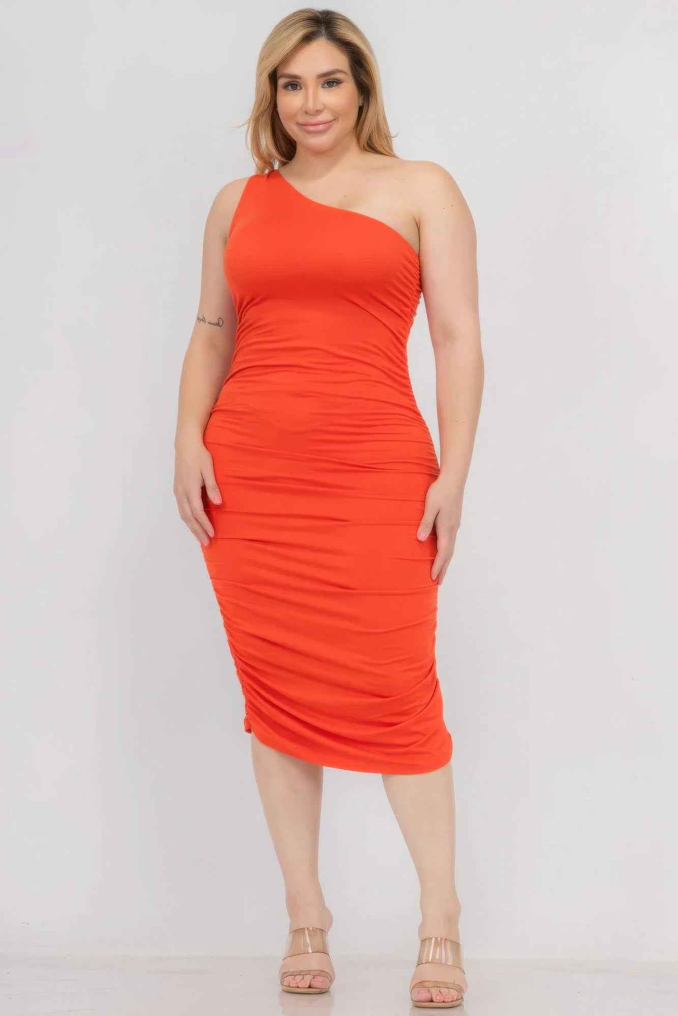 Plus Size Solid Tone Ruched One-Shoulder Midi Bodycon Dress
