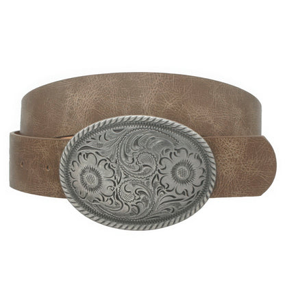 Flower Embossed Oval Buckle Vintage Strap Belt - It's a Girly Place