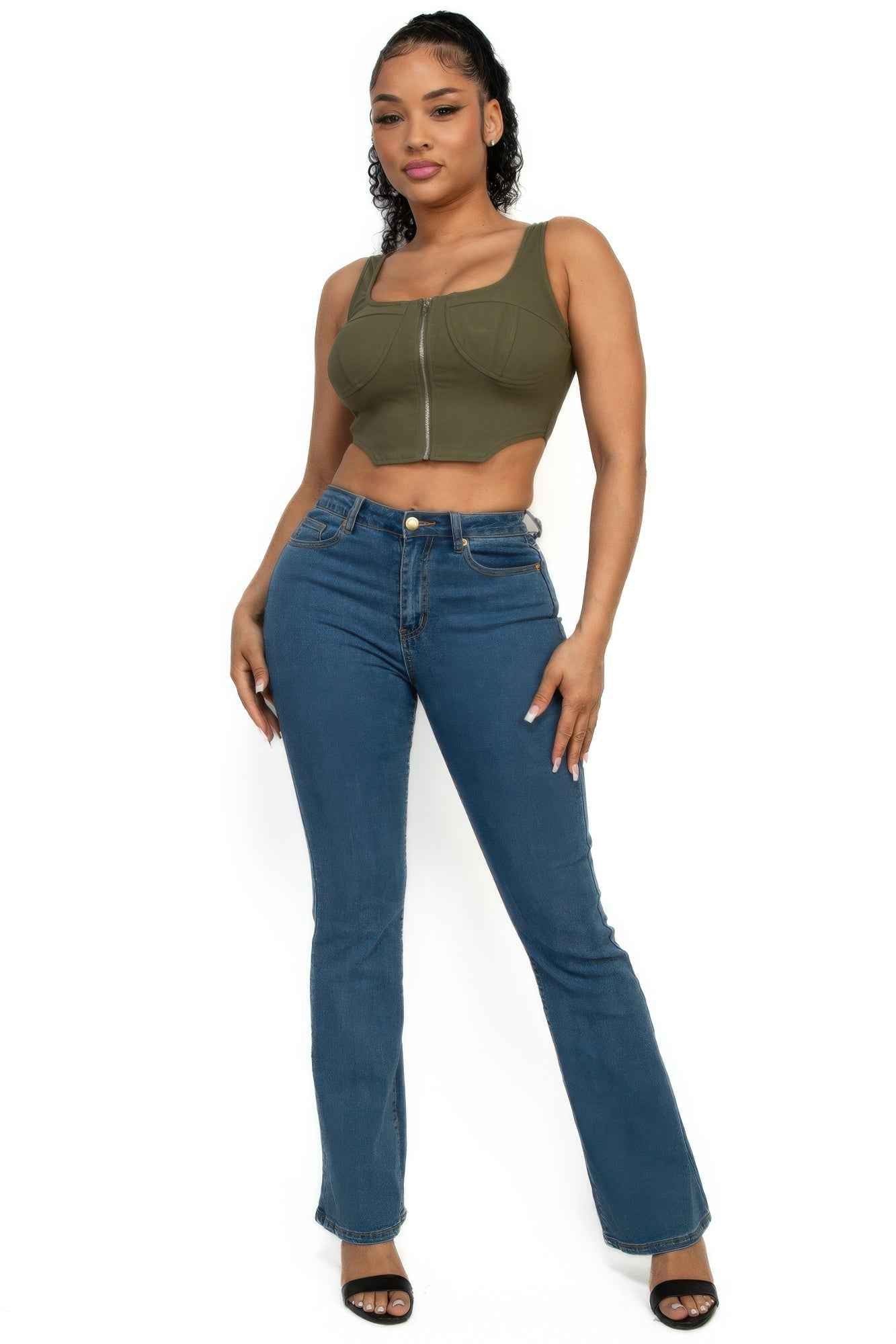 Zip-Up Square Neck Crop Top – Olive or Black