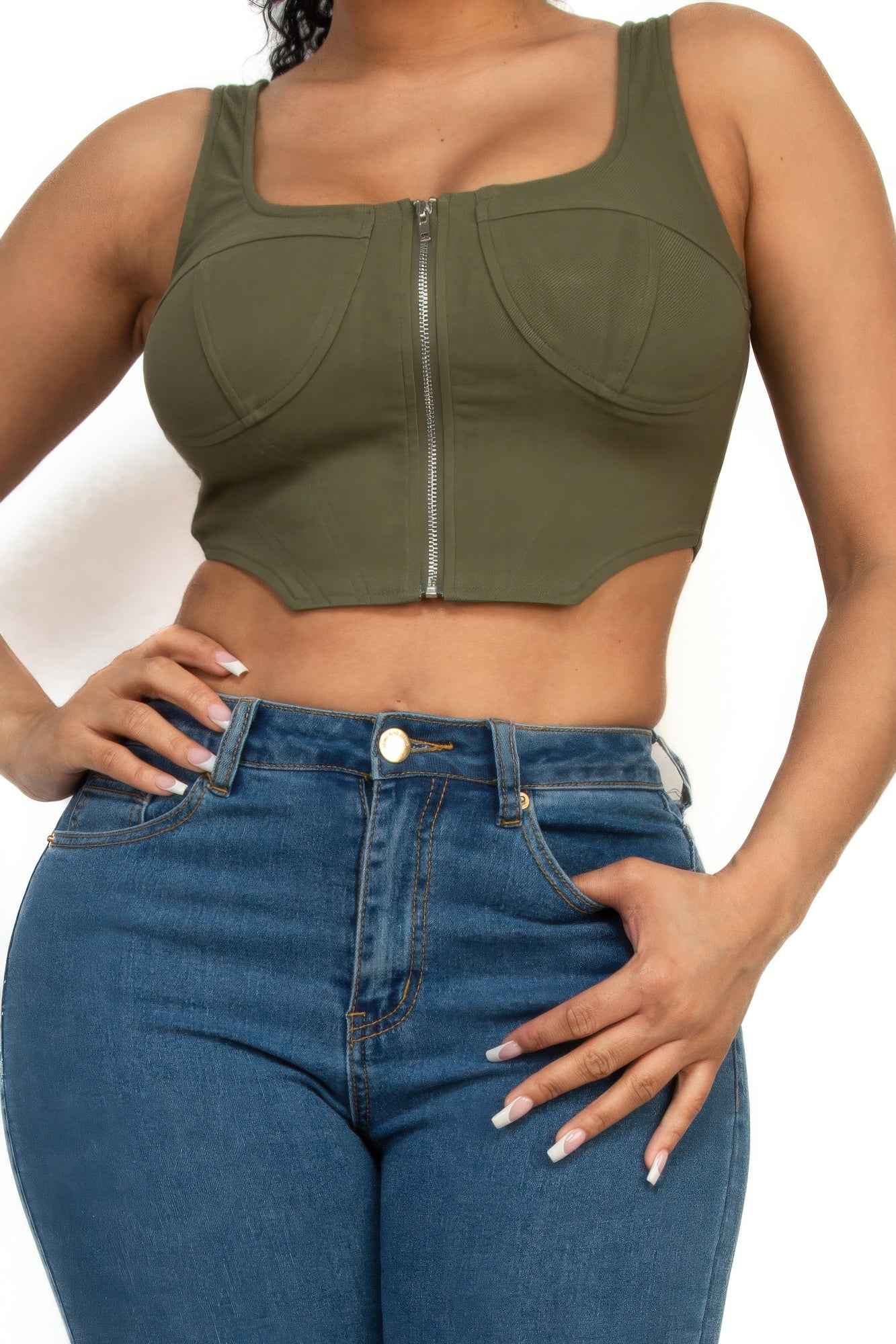 Zip-Up Square Neck Crop Top – Olive or Black