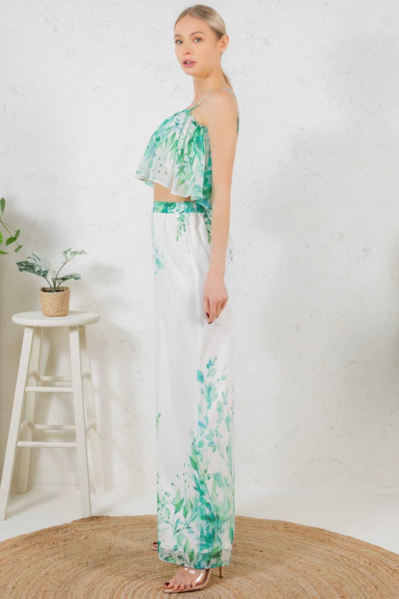 Printed Crop Top & Wide Leg Long Pants Set