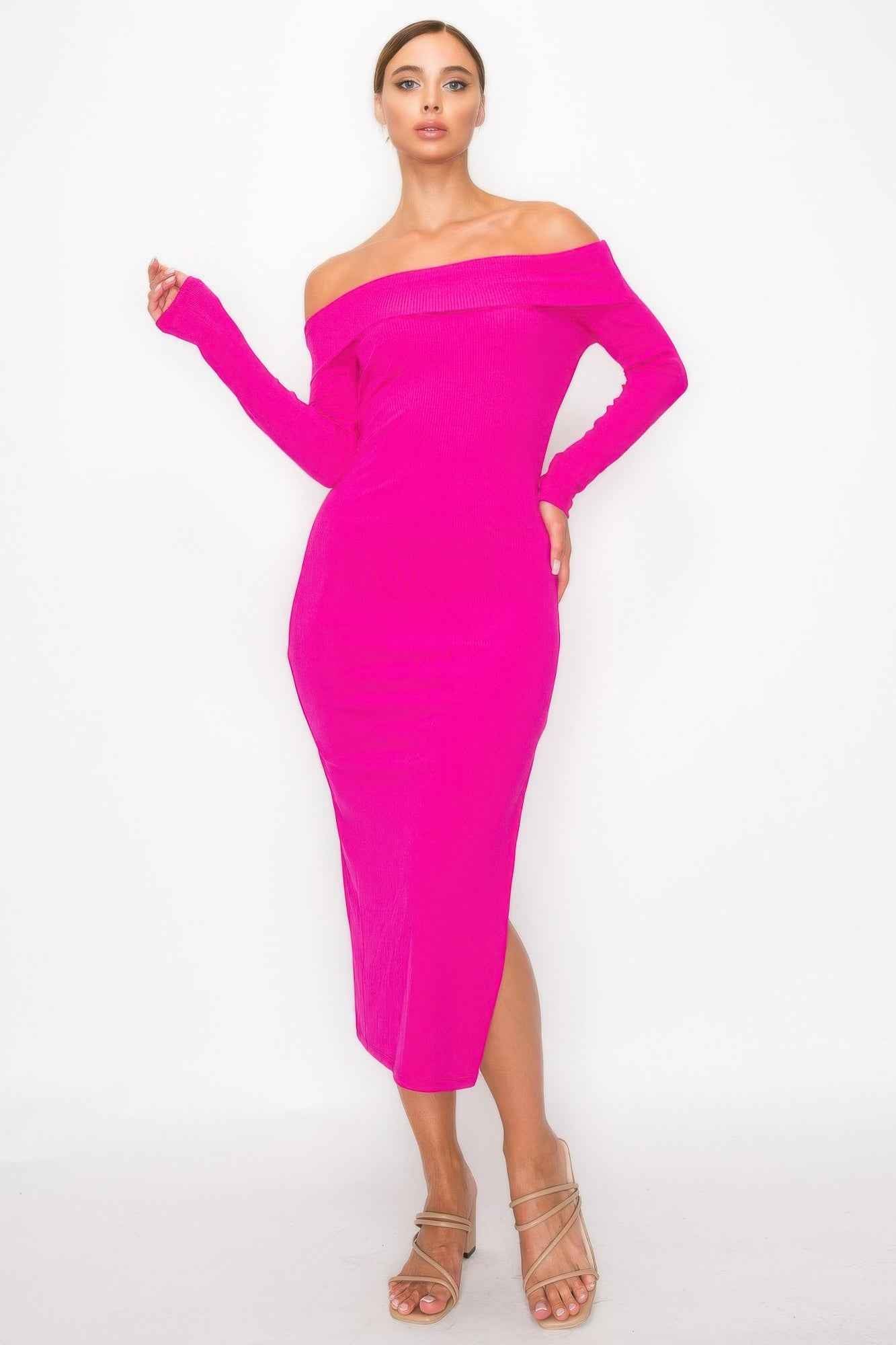 Off-shoulder Rib Midi Dress