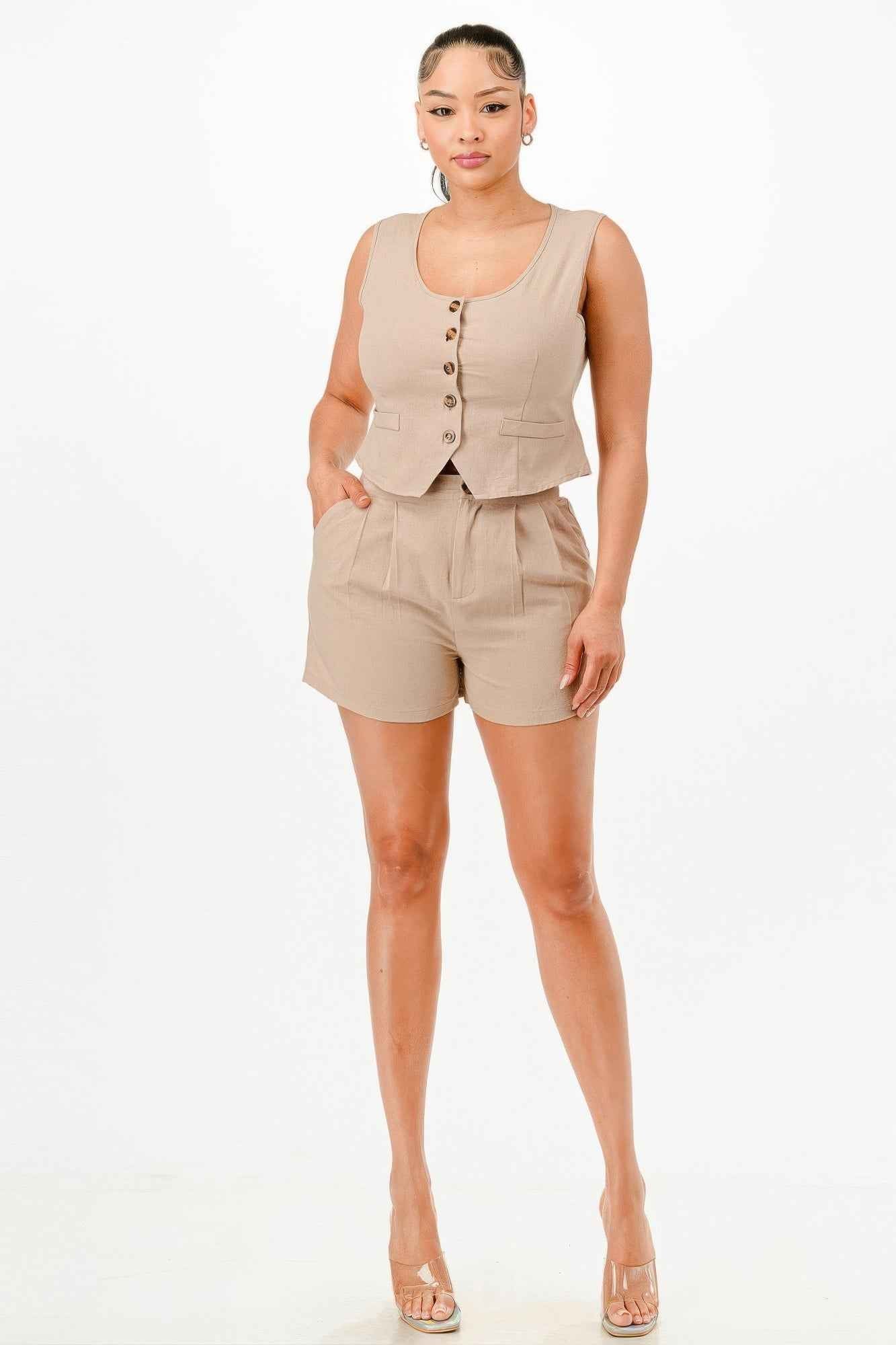 Casual Cropped Vest And Short Set