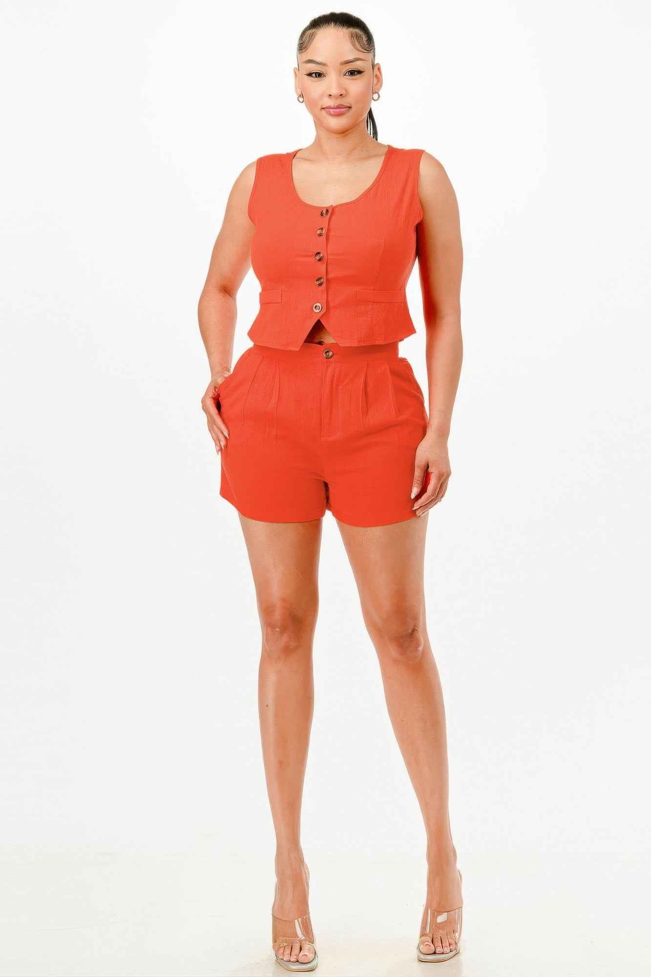 Casual Cropped Vest And Short Set
