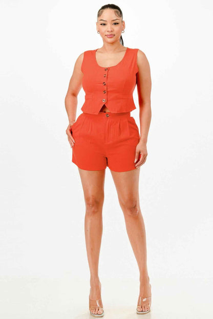 Casual Cropped Vest And Short Set