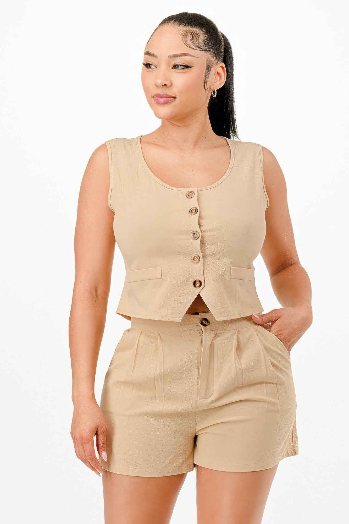 Casual Cropped Vest And Short Set