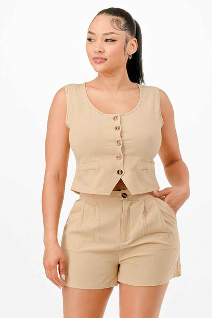 Casual Cropped Vest And Short Set