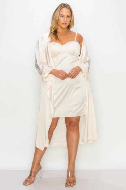 Plus Size Satin Strap Dress with Self-Belt Coat Set