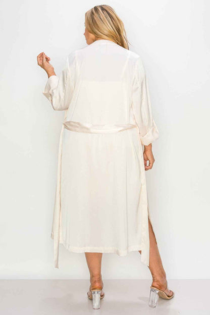 Plus Size Satin Strap Dress with Self-Belt Coat Set