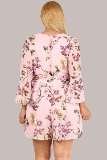 Floral Chiffon 3 4 Sleeve Tie Waist Romper