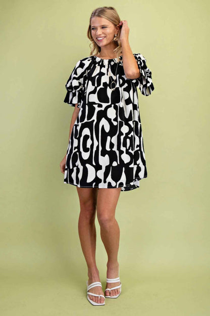 Geometric Print Loose Fit Mini Dress With Gathered Balloon Sleeves