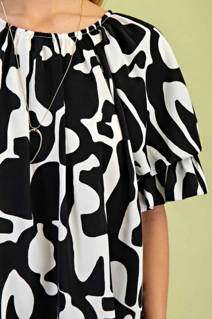 Geometric Print Loose Fit Mini Dress With Gathered Balloon Sleeves